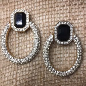 Vintage LES Bernard Rhinestone Runway Couture Door Knocker Earrings Gold-tone
